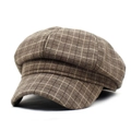 Detail van de bruine geruite krantenjongenspet van wolvilt met een klassiek retro ruitjespatroon - M (56-58cm) / Khaki