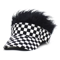 Funny checkerboard visor hat with black wig hair for hip-hop party costumes - One Size / Checkered With Black Hair
