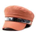 Detail of coral orange flat top military hat with silver M metal band and button - M (56-58cm) / Orange