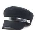 Women's black flat top military cap with silver metal band and M detail on white background - M (56-58cm) / Black