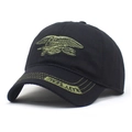 Black cotton baseball cap featuring embroidered Navy Seal tactical insignia and curved brim - One Size / Black