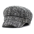 Classic black and white tweed newsboy cap for women with metallic buckle detail - Black