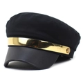 Klassische schwarze Schiffermütze mit Lederkrempe und dekorativem goldenem Metallband - 56-58cm / Schwarz