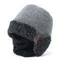 Winter knitted earflap hat and neck warmer set in grey and black contrast color - M (56-58cm) / Dark Gray