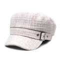 Detail of pink and beige tweed baker boy hat featuring silver metal buckle and eyelet trim - Pink