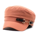 Detailed side view of cotton navy hat with leather strap and golden horsebit buckle - M (56-58cm) / Orange