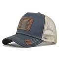 Navy and cream trucker hat with leather patch featuring tractor and American flag design - Blue Gray Beige Mesh