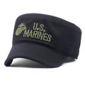 Black canvas flat top army cadet hat featuring U.S. Marines embroidery on the front - M (56-58cm) / Black