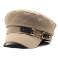 Khaki cotton navy cap for women featuring a black leather strap and gold horsebit detail - M (56-58cm) / Khaki