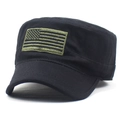 Tactical black flat top army cap with embroidered olive green American flag patch - M (56-58cm) / Black