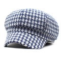Detailed view of winter houndstooth baker boy hat with warm wool blend fabric texture - M (56-58cm) / Blue