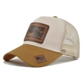 Beige and brown trucker hat with a cow leather patch and mesh back design - Adjustable / Khaki and Beige