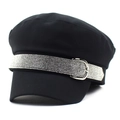 Schwarze Schirmmütze für Damen mit funkelndem Strassband und silberner Metallschnalle - M(56-58cm) / Schwarz
