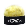 Detail showing bright yellow wig texture and black knit beanie with XXX pattern - Adjustable / Black Base Yellow Hair