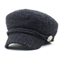 Schwarze Tweed-Schiffermütze für Damen mit Glitzergarn, Kordelzug und goldenen Knöpfen - M (56-58cm) / Schwarz