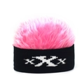 Detail of pink faux fur top and black knit texture on XXX patterned beanie hat - Adjustable / Black Base Pink Hair