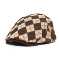 Classic British diamond check beret hat with dark brown brim and leather strap adjustment - Adjustable / Coffee