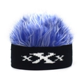Detail of blue spike wig hat with black knitted headband featuring white XXX embroidery - Adjustable / Black Base Blue White Tipped Hair