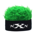 Funny green wig beanie with black knitted elastic band and white pattern for cosplay - Adjustable / Black Base Green Hair
