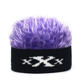 Detail view of funny knitted beanie with purple faux hair and XXX woven pattern - Adjustable / Black Base Purple Hair