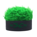 Close-up of funny knit beanie with bright green faux hair wig and XXX embroidery - Adjustable / Gray Base With Green Hair