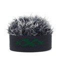 Macro shot of knitted headband featuring green XXX embroidery and grey faux hair detail - Adjustable / Gray Base With Gray Hair