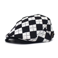 Classic black and white checkered ivy cap with side brass adjustment buckle on white background - Adjustable / Black