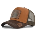 Brown and tan mesh trucker hat with jeep flag leather patch and stitched visor - Coffee & Brown