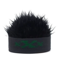 Detail of funny knit wig hat featuring black faux hair and green XXX lettering - Adjustable / Gray Base With Black Hair