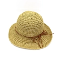 Detailed texture of hand-woven natural raffia straw hat with dark brown bow decoration - M (56-58cm) / Khaki