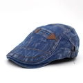 Berretto piatto vintage in denim lavato con cuciture arancioni e dettagli in pelle moda - Regolabile / Blu Medio
