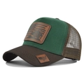 Vintage green and brown trucker hat with American flag bear leather patch and mesh back - Coffee & Green