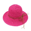 Close-up of pink raffia straw sun hat featuring a delicate brown leather bow tie - M (56-58cm) / Rose Red