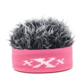 Close-up of pink knitted headband with thick grey curly synthetic wig hair and white pattern - Adjustable / Pink Base With Gray Hair