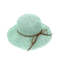 Detailed close-up of woven straw texture and leather ribbon bow on mint green sun hat - M (56-58cm) / Light Green