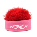 Macro detail of pink knit headband with white XXX pattern and fluffy red faux fur wig - Adjustable / Pink Base With Red Hair