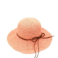 Detailed texture of peach raffia sun hat with wide brim and dark brown ribbon bow - M (56-58cm) / Watermelon red