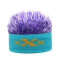 Detail of teal knit wig beanie featuring purple faux hair and yellow XXX embroidery - Adjustable / Blue Base With Purple Hair