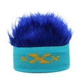 Detail of creative blue wig beanie with yellow embroidered pattern on the knit band - Adjustable / Blue Base With Royal Blue Hair