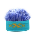 Detail of creative knit headband with funky blue wig hair and yellow pattern design - Adjustable / Blue Base With Blue White Tip Hair