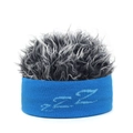 Detailansicht des blauen Strickstirnbands mit grauer Perücke für Sport und Partys - Hellblaue Grundfarbe + Grau