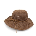 Dark brown wide-brimmed raffia straw sun hat with elegant bow detail on white background - M (56-58cm) / Coffee