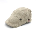 Classic khaki cotton flat cap with lion metal logo and white stitching for autumn - Adjustable / Beige