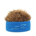 Detailansicht eines lustigen blauen Strickstirnbands mit brauner Kunstfell Perücke - Hellblaue Grundfarbe + Braun