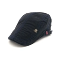 Men's navy cotton flat cap with metal eagle emblem and blue contrast stitching details - Adjustable / Navy Blue