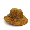 Handmade woven raffia sun hat in golden ginger yellow with a brown leather bow ribbon - M (56-58cm) / Light Coffee