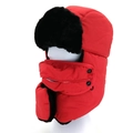 Close-up of red winter trapper hat with black faux fur lining and snap-on face mask - Bomber Hat And Mask / Red