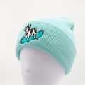 Mint green ribbed knit beanie with embroidered skateboarding dog patch for women - Green