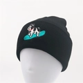 Black knitted beanie for women featuring a French bulldog on a surfboard embroidery - Black