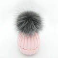 Pink rib-knit beanie with large faux fur pom-pom for women and kids winter warmth - Children Style / Pink